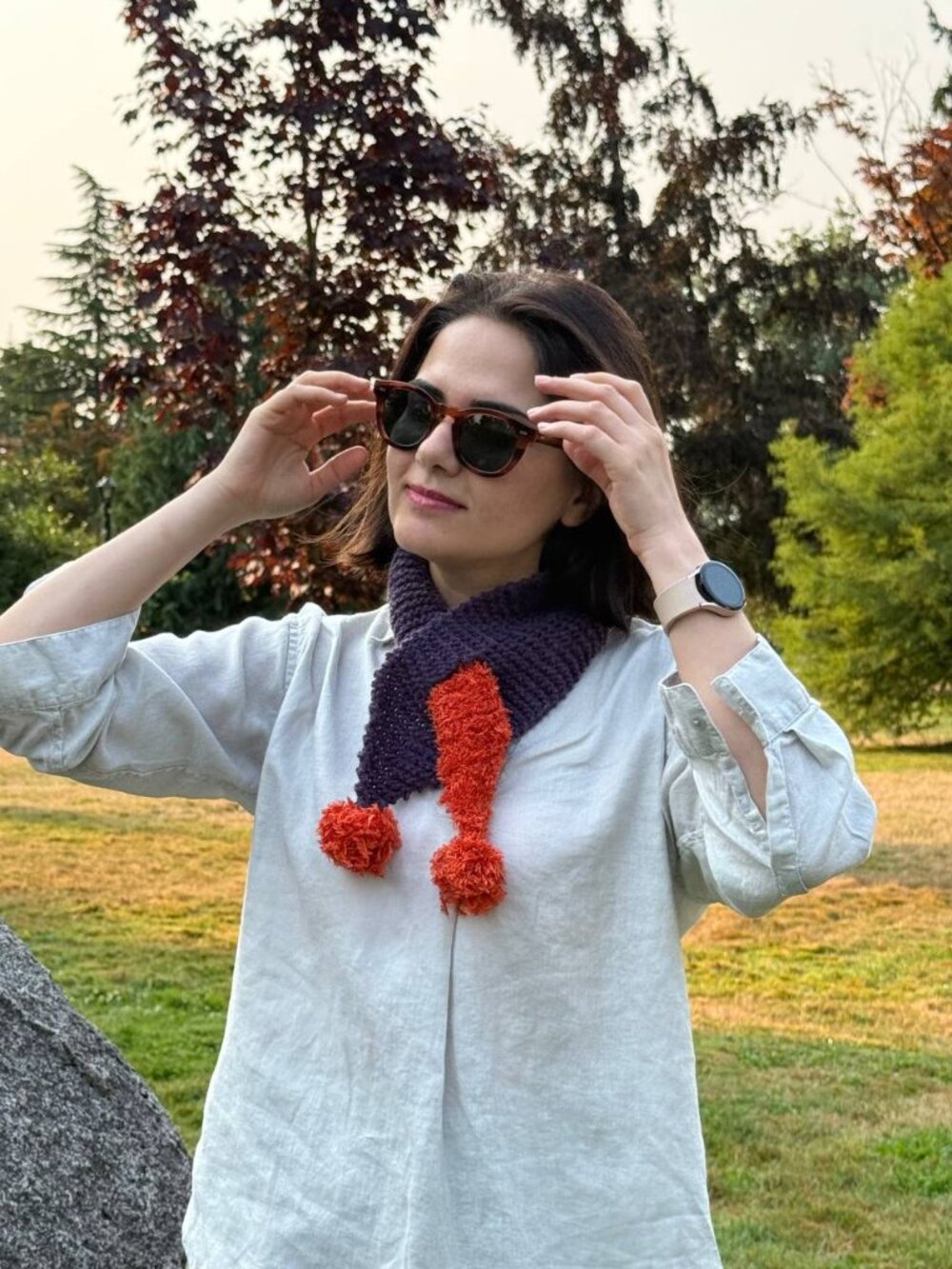 Handmade Crochet Scarf with Pom-Poms – Purple and Orange Winter Neck Scarf